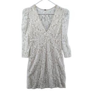 Free People Size Medium Cream Dress Full Lace Long Puff Sleeves Sheer Back